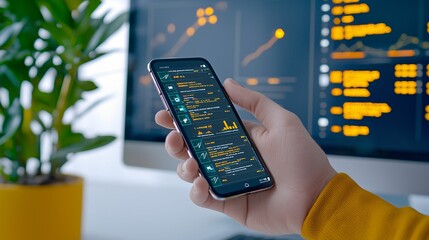 Wall Mural - a person holds a smartphone displaying data, with a computer monitor showing charts and code in the 