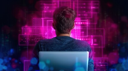 Wall Mural - a person sits at a computer, facing a vibrant digital interface filled with abstract patterns and gl