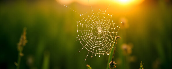 Dew-kissed spider web at sunrise in a lush green field