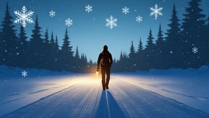 Wall Mural - A person walks along a snowy path illuminated by a warm light, surrounded by evergreens and snowflakes in a serene winter landscape.