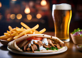 greek gyro souvlaki with french fries and beer on the restaurant table