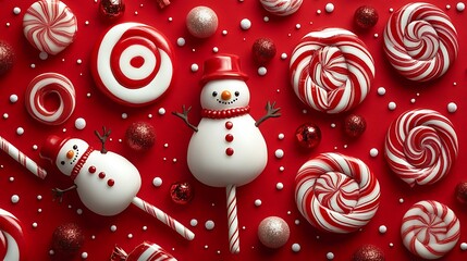 A vibrant holiday background of bright red with playful candy canes, lollipops, and snowmen scattered in a random yet balanced layout. Crisp detail, warm lighting, festive color palette. --ar 16:9