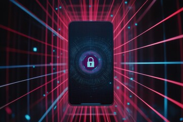 Poster - A smartphone displays a lock icon, highlighting digital security in a vibrant, high-tech environment filled with glowing lines. Generative AI