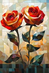 Artistic representation of two geometric roses emanating beauty and elegance in a vibrant mosaic style