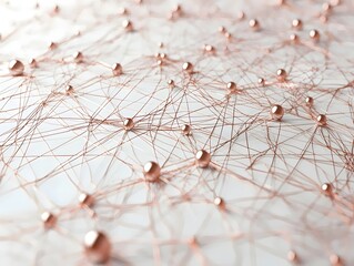 An abstract close-up of interconnected copper wires and spheres, creating a visually intricate network. The warm tones evoke a sense of complexity and depth.