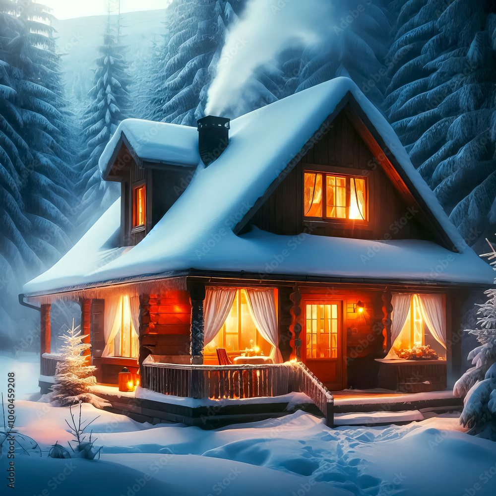 house on the edge of a winter forest covered with snow with glowing ...