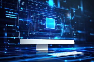 Aufkleber - A bright computer screen shows a protection icon surrounded by a digital network, emphasizing cybersecurity in a modern workspace. Generative AI