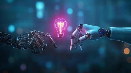 Wall Mural - a futuristic robotic hand reaches towards a glowing light bulb, symbolizing innovation and technolog