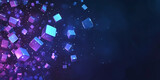 Abstract digital background featuring floating blue and purple cubes in a dark space, creating a futuristic and immersive visual effect.