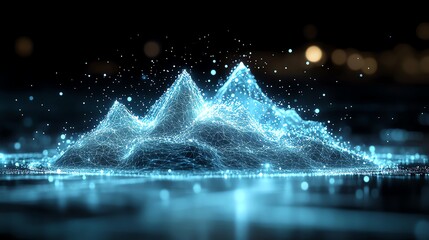 Futuristic digital landscape made of glowing particles forming mountain shapes. Abstract representation of technology and innovation.