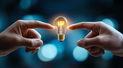 Wall Mural - two hands reaching towards a glowing light bulb, symbolizing innovation and connection in a dark bac