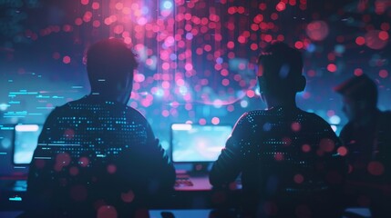 Two software developers are programming using a futuristic computer interface with glowing lines of code and colorful bokeh effect, showcasing innovative technology in a modern office environment