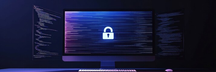 Leinwandbilder - A computer screen features a prominent lock icon with flowing code in the background, symbolizing cybersecurity in a dark setting. Generative AI