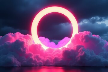 Wall Mural - surreal neon eclipse with glowing ring in dark clouds capturing futuristic atmosphere.