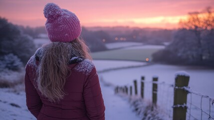 Wall Mural - A woman gazes at a breathtaking winter sunset over a snow-covered countryside landscape in a cozy pink hat