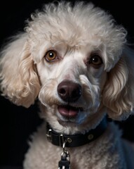 professional photo of white poodle front view in a dark background small dog