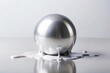 © Hugnaka - A silver metallic sphere slowly drips a viscous white slime onto a pristine white surface, suspended in an isolated environment., research, silver, surface, texture, slime