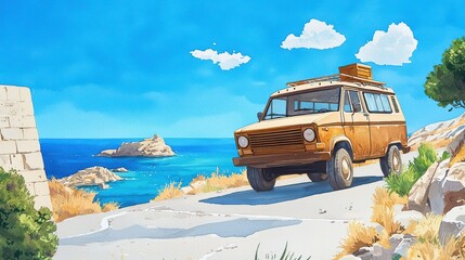 Classic van driving along a coastal road with beautiful seaside views and bright blue sky.