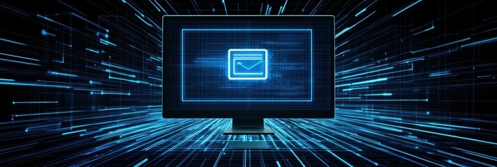 Leinwandbilder - A blue protection icon appears on a computer screen, showcasing the importance of cybersecurity in the digital age during nighttime. Generative AI