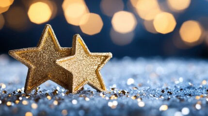 Wall Mural - Wintery Blue Background with Glittering Gold Stars