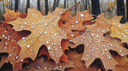 Wall Mural - Close-up of autumn leaves soaked in morning dew, reflecting early sunlight, with a foggy forest in the background