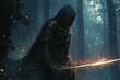 © Kevin - a man in a hooded outfit holding a sword in a dark forest