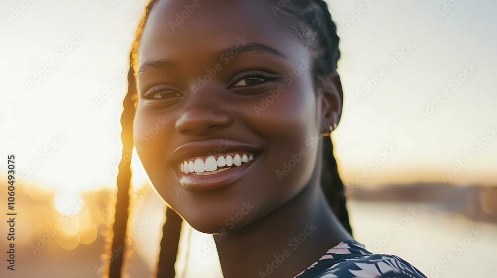 Portrait of a young woman displaying her radiant smile with visibly ...