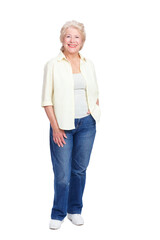 Senior, woman and portrait with fashion in studio for ethical brand promo, sustainable clothing and organic fabric garment. Elderly, model and happy with upcycling outfit on white background mockup