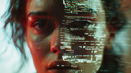 A close-up of a personâs face with half of it glitching or pixelating, like they are dissolving into digital space.