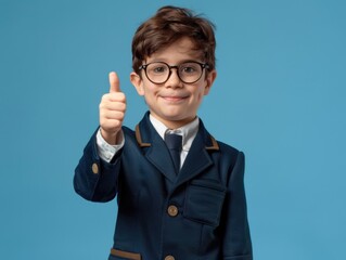 Smiling young boy in a suit giving a thumbs up, showing approval or positive response.