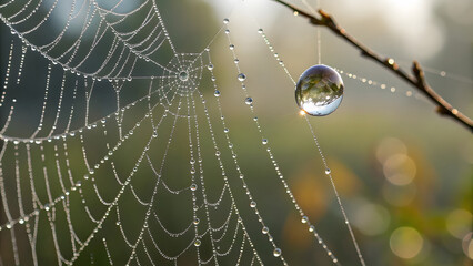 close up of spider web adorned with dew drops, capturing morning light beautifully. intricate patterns and reflections create serene atmosphere