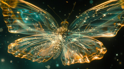 Wall Mural - a close shot of a butterfly with transparent wings displaying galaxies and stars, blending nature wi