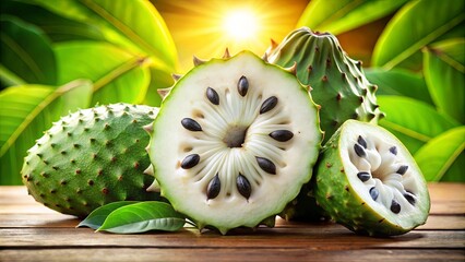 Wall Mural - A Spiky Green Fruit With A White, Seed-Filled Center Rests On A Wooden Surface With Lush Green Leaves In The Background.