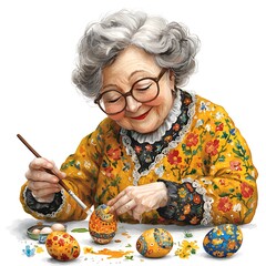 Senior woman decorating Easter eggs with intricate patterns.