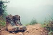 © Moon - A rugged pair of hiking boots resting on a trail with copyspace.