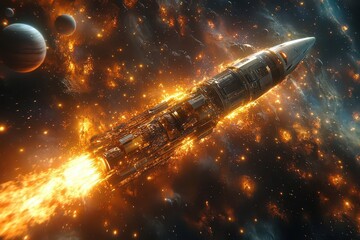 Wall Mural - interstellar exodus: where humanity's greatest vessel pierces the cosmic inferno, blazing through ne