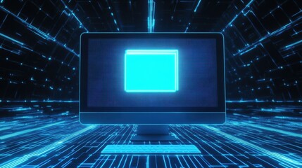 A bright blue protection icon appears on a computer screen, surrounded by a vibrant digital landscape, emphasizing cybersecurity. Generative AI