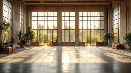 Wall Mural - a 3d rendering of an expansive empty warehouse filled with light from numerous large windows showcas