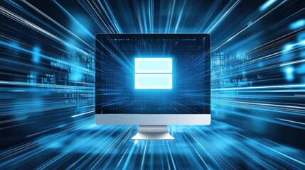 Leinwandbilder - A computer screen features an open protection icon, symbolizing technology safeguards surrounded by a vibrant blue light effect. Generative AI