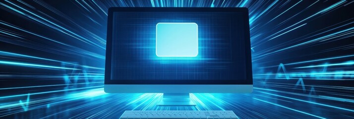 Fototapete - A bright protection icon is displayed on a computer screen, emphasizing security protocols in a busy digital environment. Generative AI