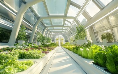 Wall Mural - a futuristic microclimate farming system with rows of vegetables thriving under precise conditions