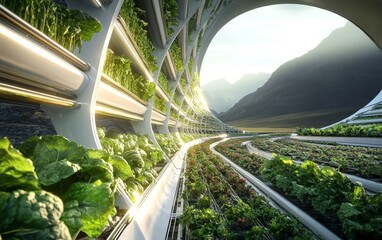 a futuristic microclimate farming system with rows of vegetables thriving under precise conditions