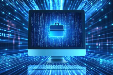 Poster - A glowing protection icon appears on a computer screen while digital data streams in a modern workspace setting. Generative AI