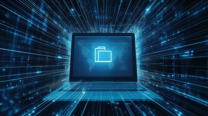 Poster - A laptop features a glowing protection icon amid a vibrant, fast-moving digital environment, emphasizing online security and data safety. Generative AI