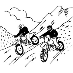 Motocross Adventure: Two riders on dirt bikes navigate a challenging mountain trail, their silhouettes against a cloudy sky, capturing the thrill of off-road racing and a sense of adventure. 