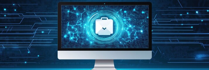 Poster - A computer screen features an open protection icon, highlighting the importance of cybersecurity in today's digital workspace. Generative AI