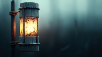 Close-up of a vintage lantern with a glowing light bulb against a blurred outdoor background in blue tones, creating a warm and atmospheric ambiance.