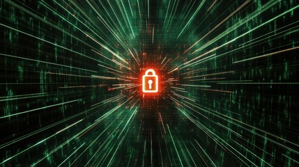 Leinwandbilder - A computer screen shows a prominent lock icon at the center, surrounded by green and red digital data streams, suggesting security. Generative AI