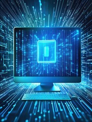 Poster - A computer screen showcases a glowing protection icon emanating digital data in a high-tech setting at nighttime. Generative AI