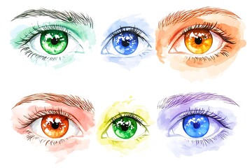 Watercolor Illustration of Six Colorful Eyes.